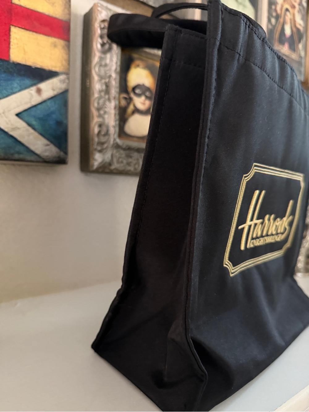 Harrods Nylon Tote Bag 10x10 Gold Embossed Logo Shopper Travel Bag - Picture 3 of 10
